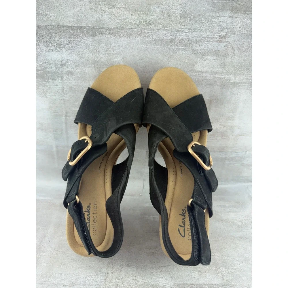 Clarks Collection Black Cork Wedge Sandals Ultimate Comfort Women Size 9.5M
